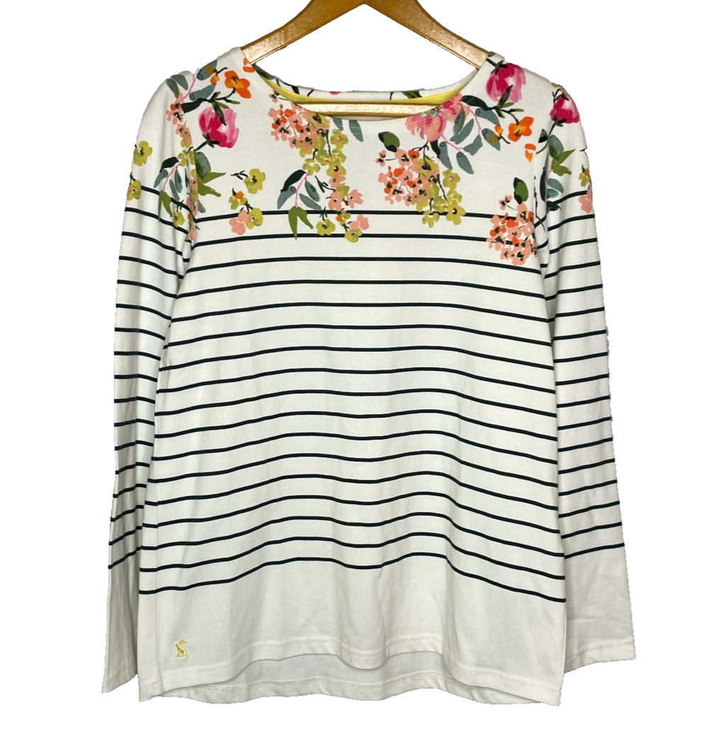 Women's US 10 Joules Harbour Print White Stripe Floral Cotton Shirt NEW